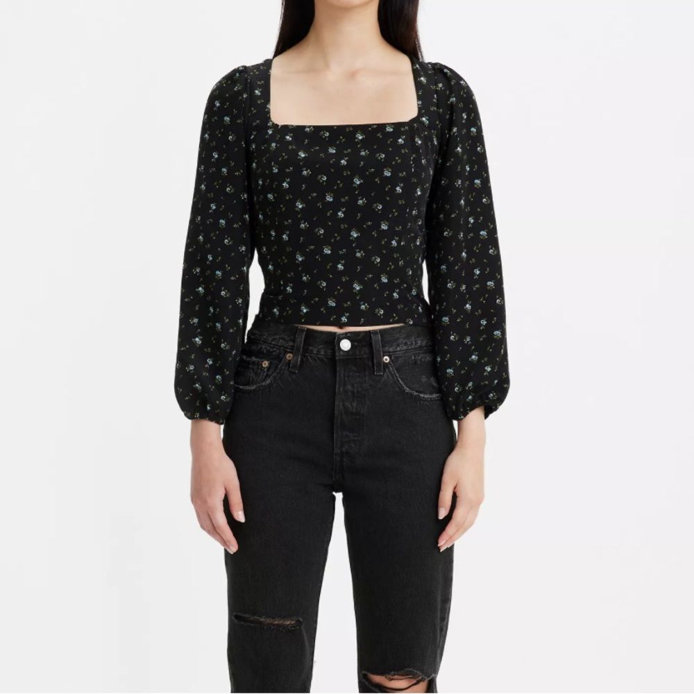 NWT Levi’s Womens Finn Floral Blouse Size XXL Long Sleeve Tie Back Square Neck